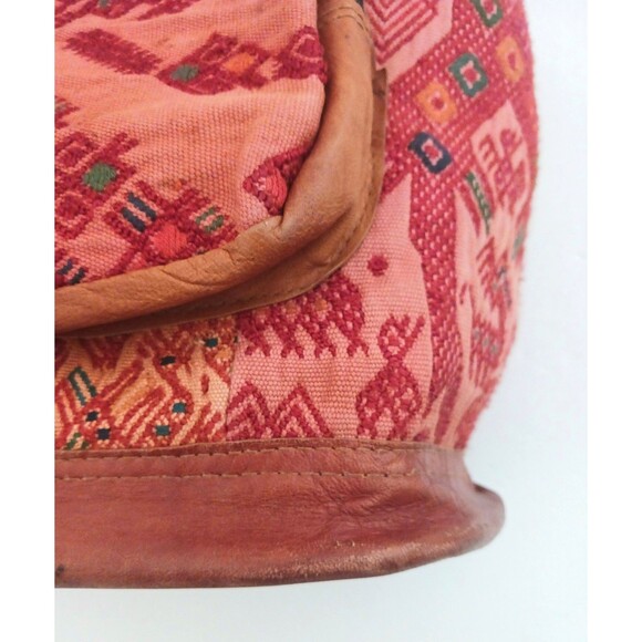 Handwoven Guatemalan Textile Lg Backpack Brown Leather Straps Hippie Boho